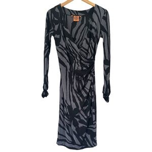 TORY BURCH 100% Silk Faux-Wrap Dress in gray and black floral print, size small